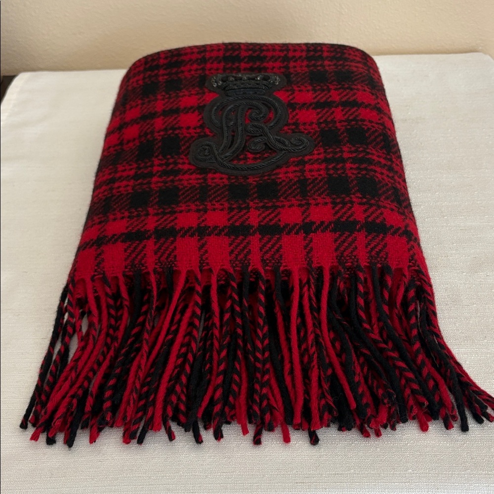 Polo Ralph Lauren Red and Black Plaid Wool Blend Scarf Made in Italy - Picture 8 of 8